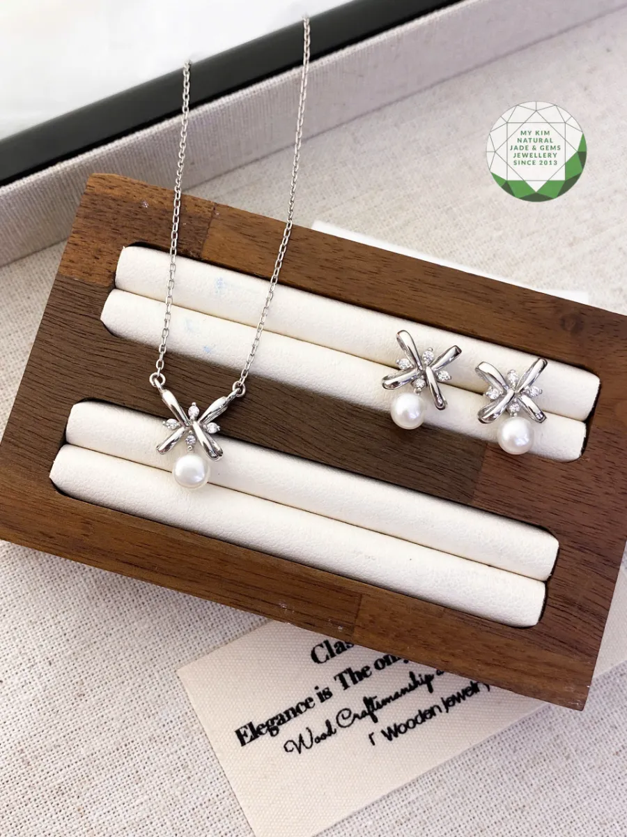 ✨ Bộ Dây Chuyền & Bông Tai Bạc Si Vàng Trắng – Đính Ngọc Trai | Thanh Lịch – Tinh Tế – Dễ Phối Mỗi Ngày