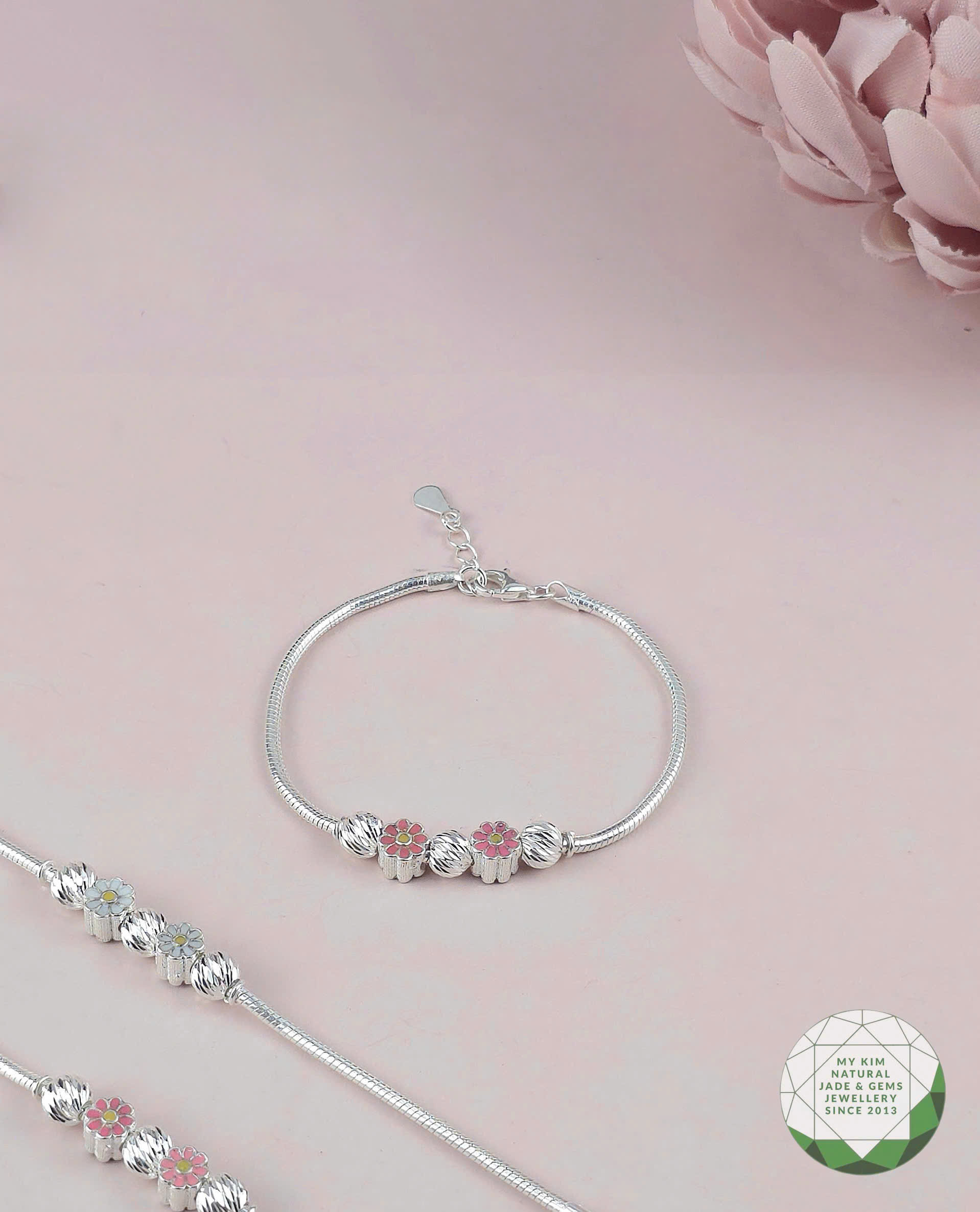 Lắc Tay Bạc 925 Cho Bé  – Charm Hoa Cúc Phối Bi Bạc | Dịu Dàng & Tinh Tế