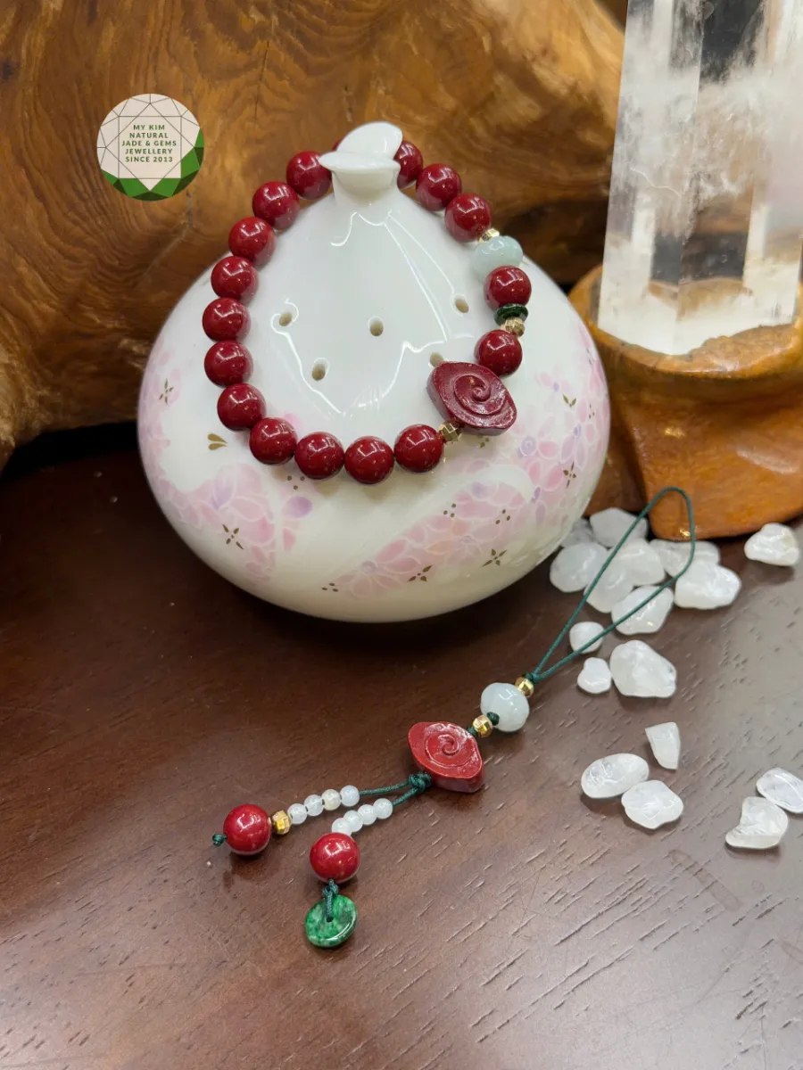 Set Vòng Tay Chusa & Dây Treo Ngọc Phỉ Thúy | Kết Dây Dù Xanh – Mix Bí Ngô & Đồng Điếu – Biểu Tượng Sung Túc Dịu Dàng