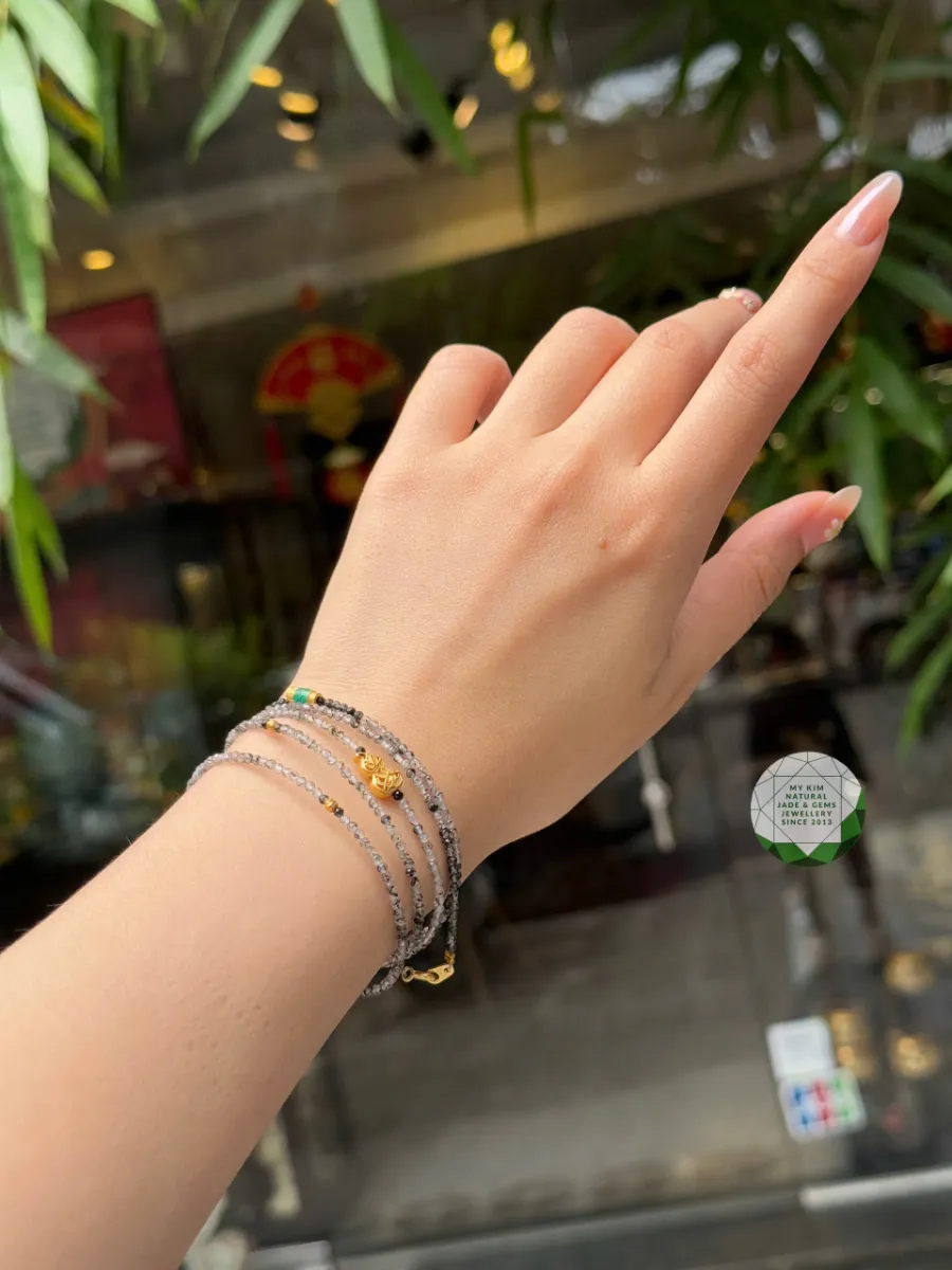 🐟 Vòng Thạch Anh Tóc Đen Bi Phay Mix Charm Cá Chép – Hồ Lô | Bi Vàng 10K Nhỏ