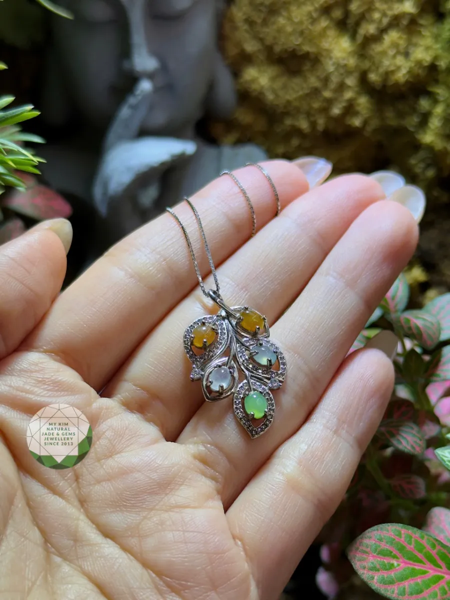 🍃 Dây chuyền Lá Ngọc Phỉ Thúy đa sắc | Bạc si vàng trắng – Thiết kế thanh nhã, ý nghĩa tinh tế