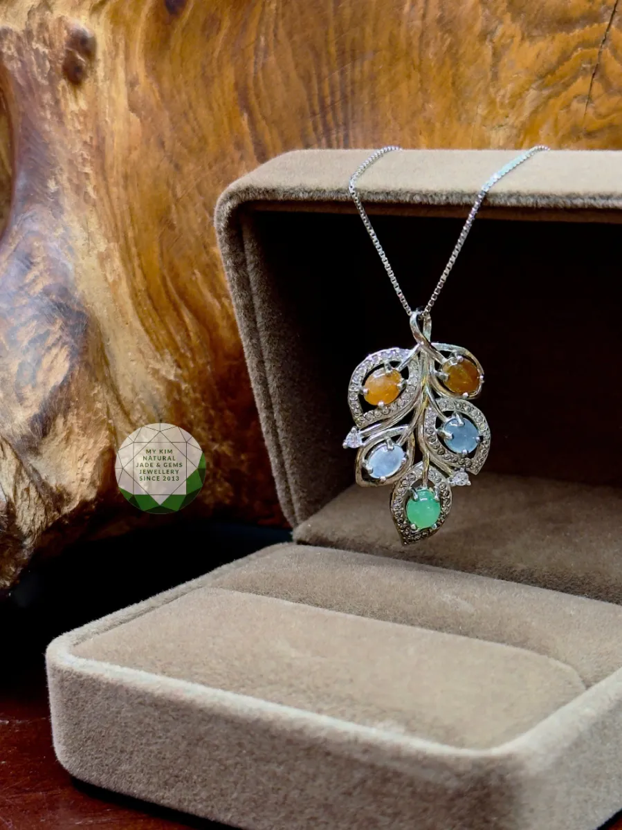 🍃 Dây chuyền Lá Ngọc Phỉ Thúy đa sắc | Bạc si vàng trắng – Thiết kế thanh nhã, ý nghĩa tinh tế
