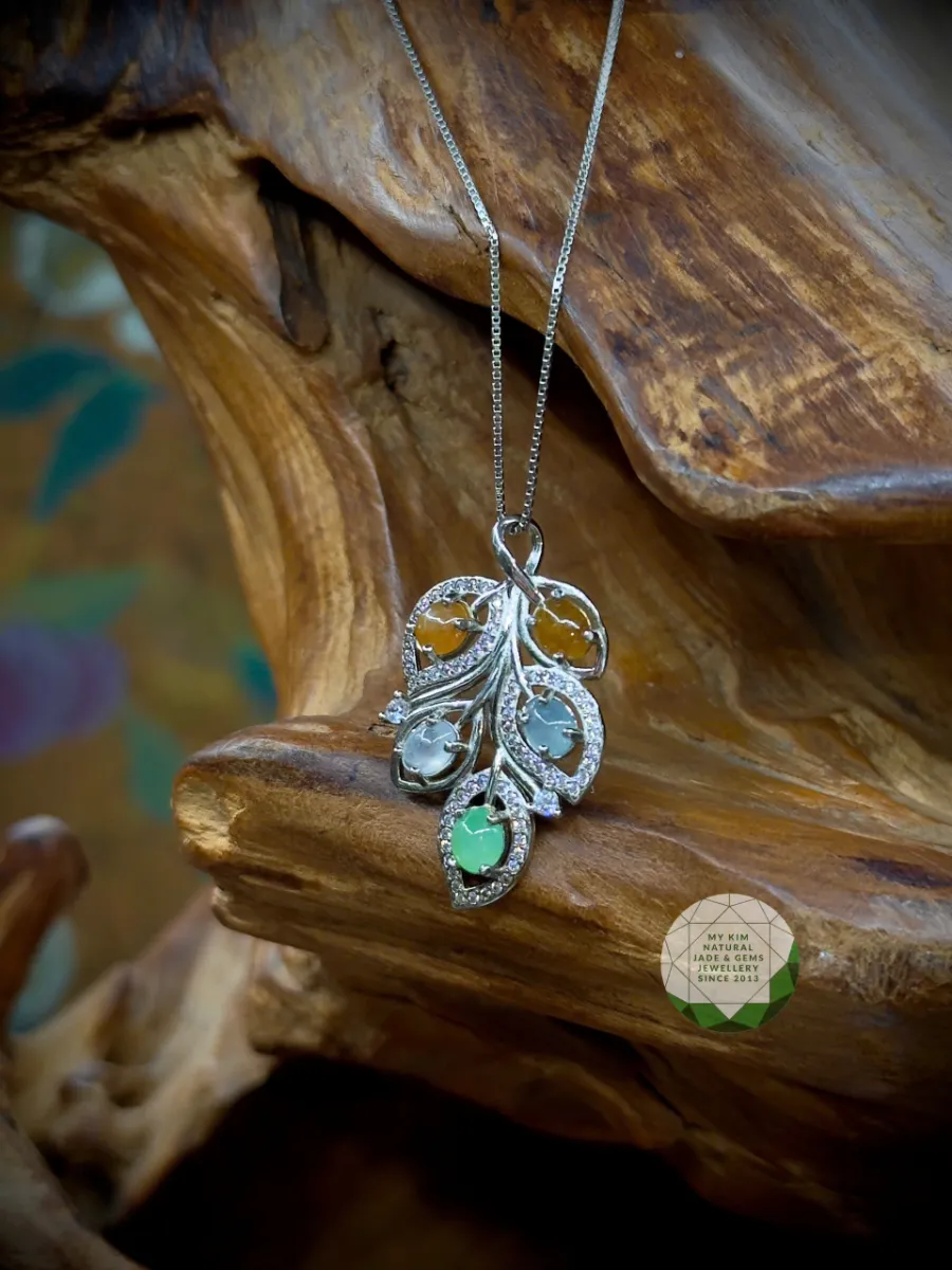 🍃 Dây chuyền Lá Ngọc Phỉ Thúy đa sắc | Bạc si vàng trắng – Thiết kế thanh nhã, ý nghĩa tinh tế