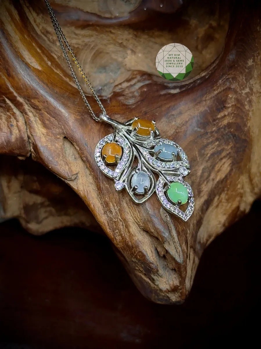 🍃 Dây chuyền Lá Ngọc Phỉ Thúy đa sắc | Bạc si vàng trắng – Thiết kế thanh nhã, ý nghĩa tinh tế