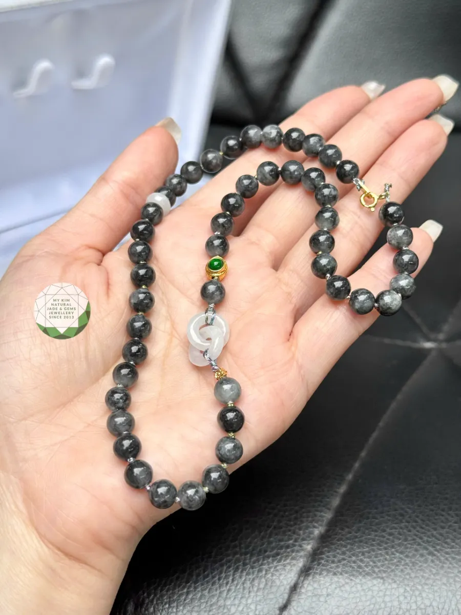 🪬 Dây Chuyền Ngọc Phỉ Thúy Gà Đen Kết Charm Vô Cực Băng Ngọc