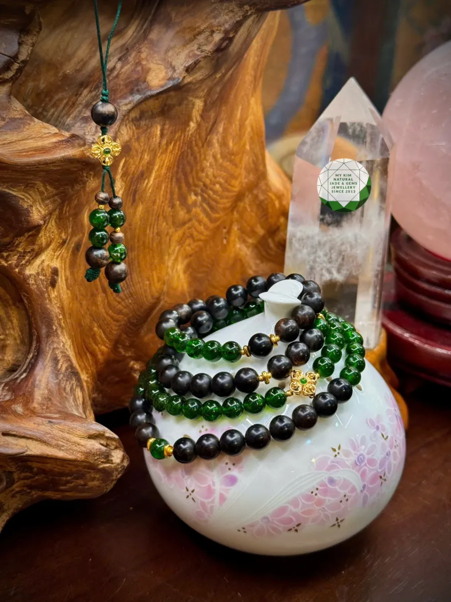 👜✨ Dây Treo Túi Xách Trầm Hương Indo – Mix Đá Diopside VIP, Charm Vàng Kim Cang & Bi Vàng