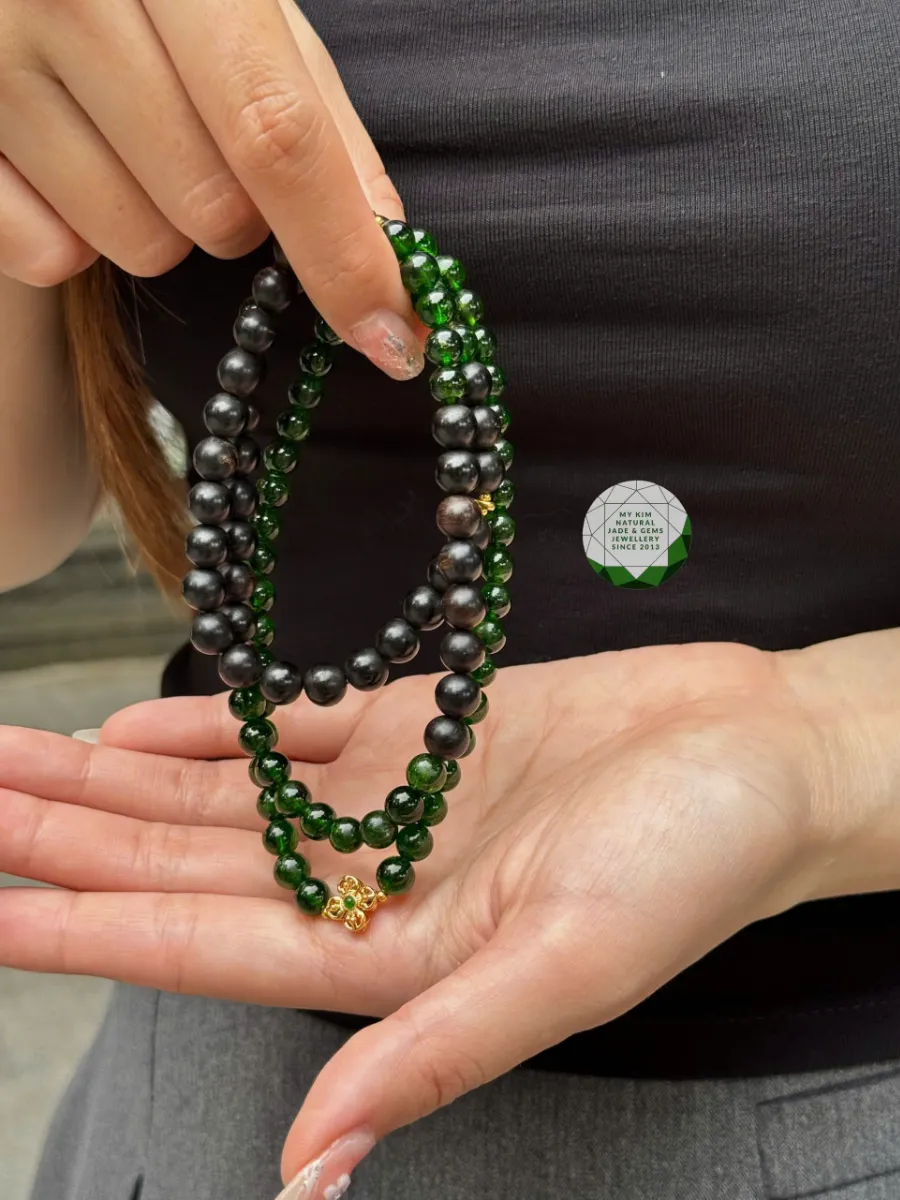 ✨ Vòng Tay Trầm Hương Indo Mix Đá Diopside – Kết Hợp Charm Vàng Kim Cang