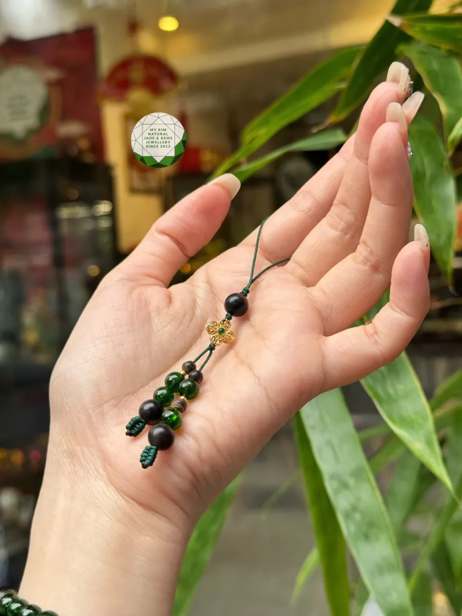 👜✨ Dây Treo Túi Xách Trầm Hương Indo – Mix Đá Diopside VIP, Charm Vàng Kim Cang & Bi Vàng