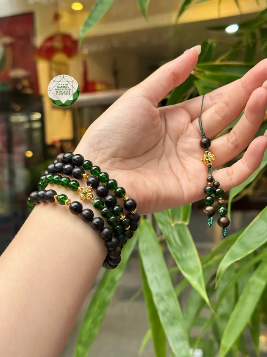 👜✨ Dây Treo Túi Xách Trầm Hương Indo – Mix Đá Diopside VIP, Charm Vàng Kim Cang & Bi Vàng