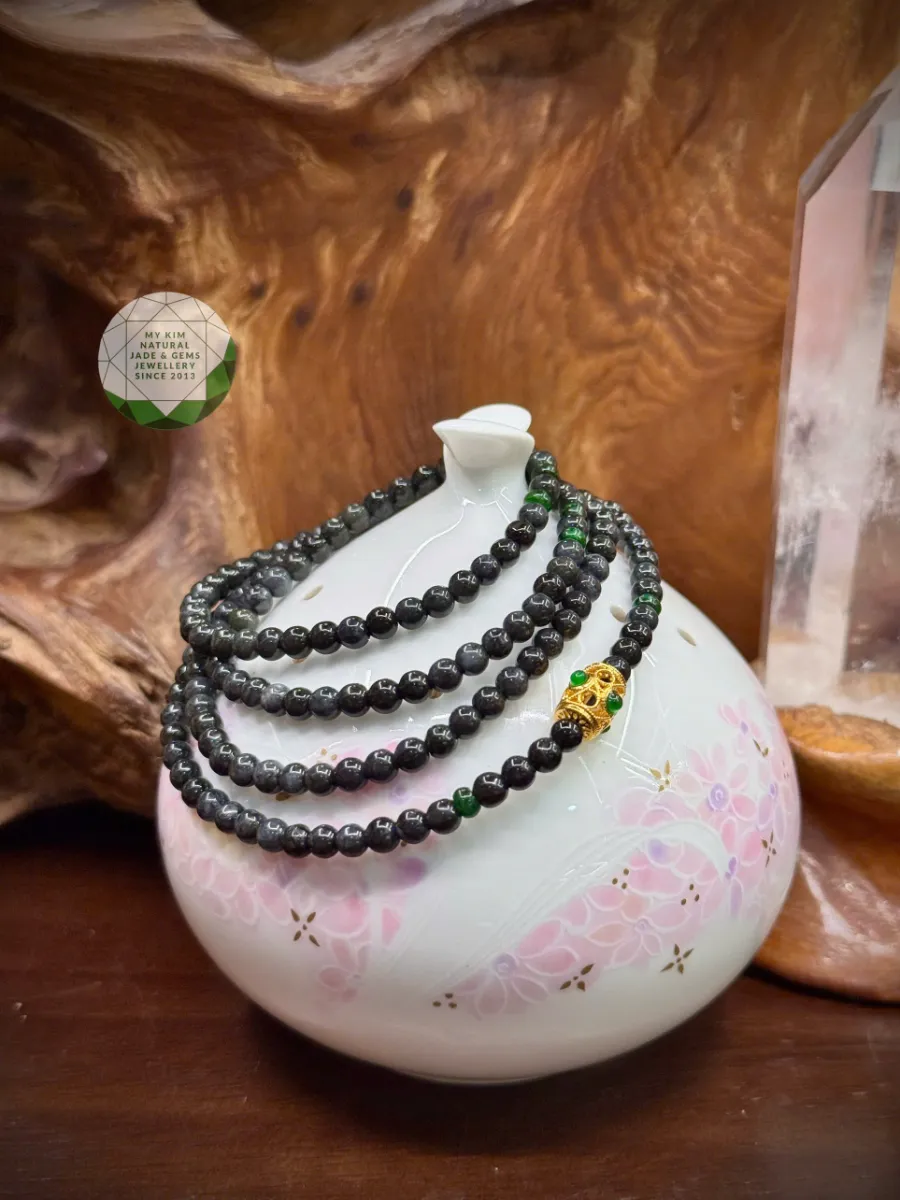 💚 VÒNG NGỌC PHỈ THÚY GÀ ĐEN MIX JADE XANH & LU THỐNG VÀNG