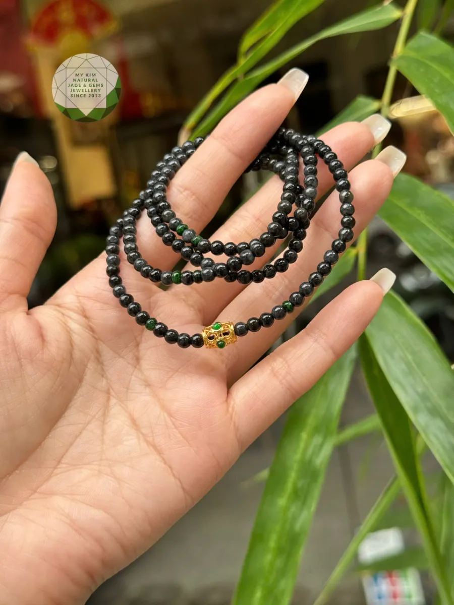 💚 VÒNG NGỌC PHỈ THÚY À ĐEN MIX JADE XANH & LU THỐNG VÀNG